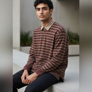 Land's End Men's Stripped Polo Shirt, L 42-44, Khaki Collar, Great For Tall Guys